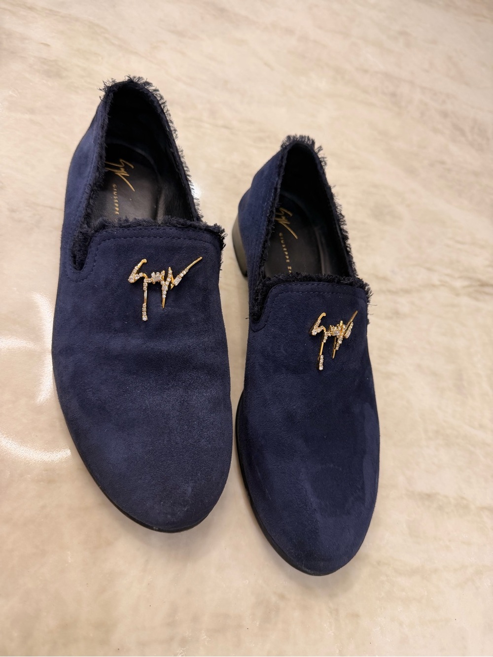 Giuseppe Zanotti Navy Suede Slip-On Loafers with Gold Logo